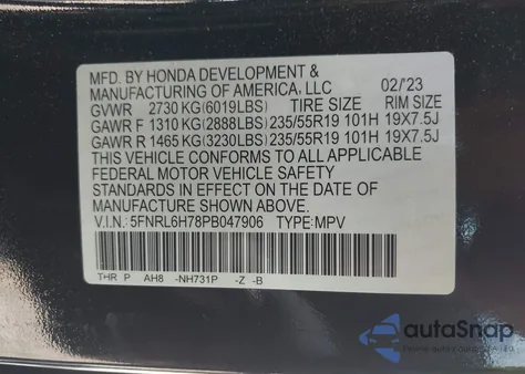 2023 Honda Odyssey Sport-L из США, поврежденный, VIN 5FNRL6H78PB047906